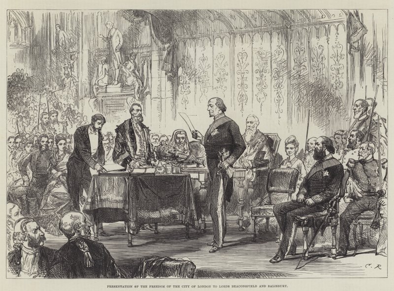 Presentasjon av Freedom of the City of London til Lords Beaconsfield og Salisbury av Sir John Charles Robinson