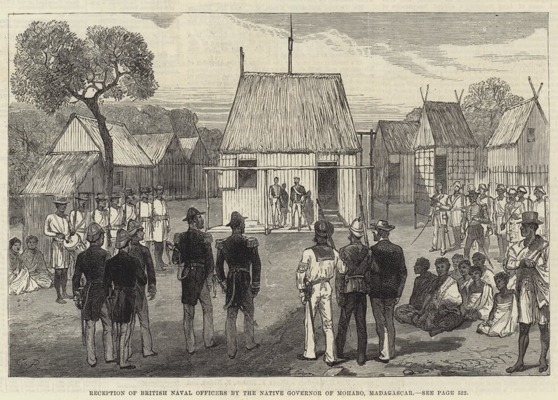 Mottak av britiske sjøoffiserer av den innfødte guvernøren i Mohabo, Madagaskar av Sir John Charles Robinson