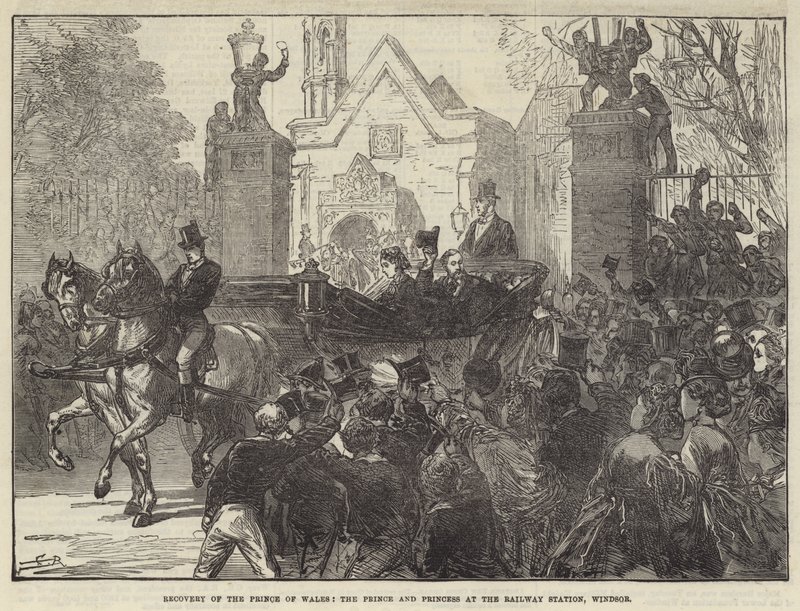 Gjenoppretting av prinsen av Wales, prinsen og prinsessen på jernbanestasjonen, Windsor av Sir John Charles Robinson