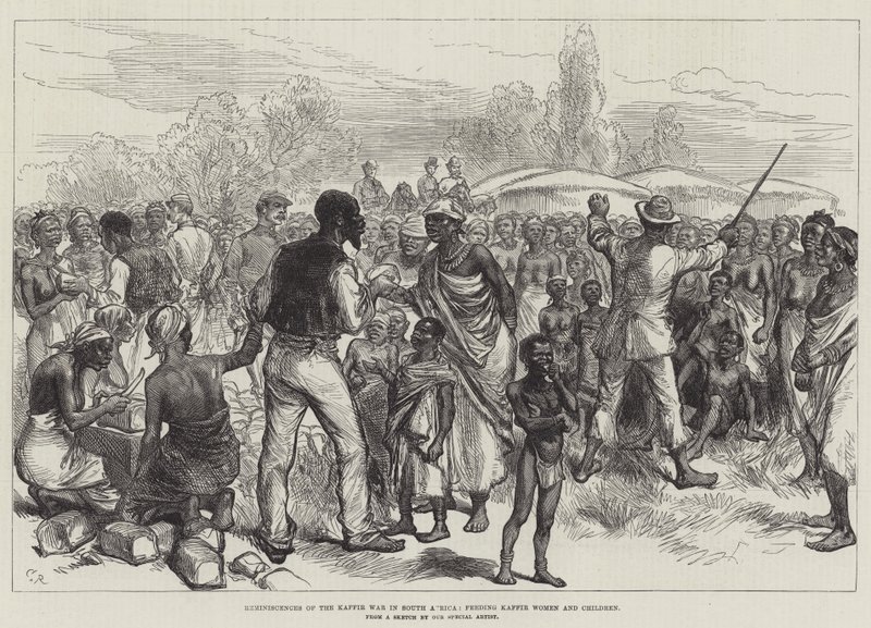 Minner om kaffirkrigen i Sør-Afrika, mating av kaffirkvinner og barn av Sir John Charles Robinson
