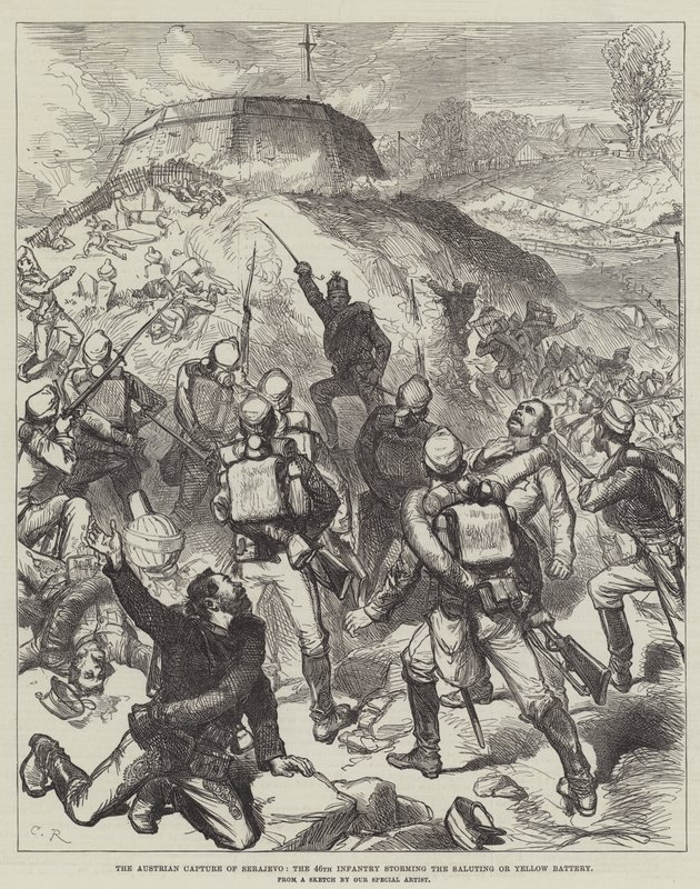 Den østerrikske erobringen av Serajevo, det 46. infanteriet som stormer det saluterende eller gule batteriet av Sir John Charles Robinson