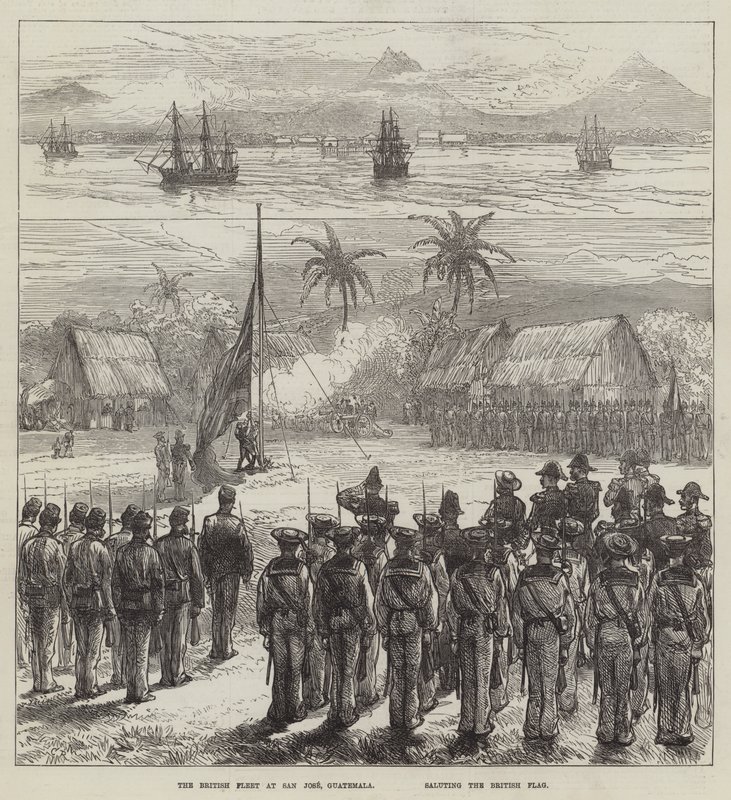 Den britiske flåten i San Jose, Guatemala, hilser det britiske flagget av Sir John Charles Robinson