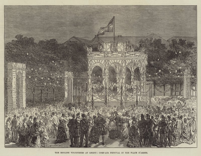 De engelske frivillige i Gent, friluftsfestival på Place d'Armes av Sir John Charles Robinson