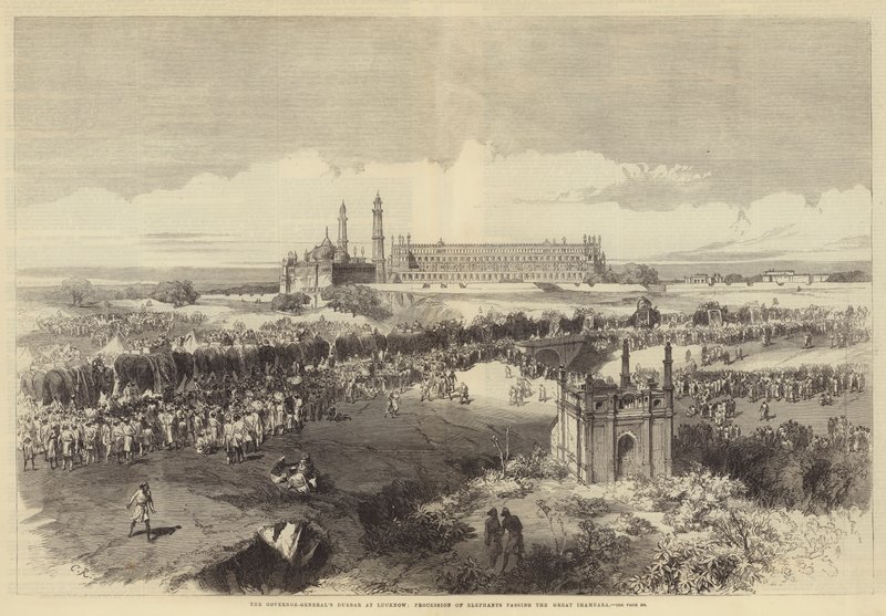 Generalguvernørens Durbar i Lucknow, prosesjon av elefanter som passerer den store imambaraen av Sir John Charles Robinson