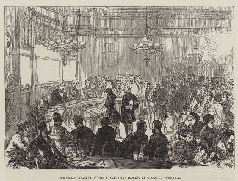 Den store katastrofen på Themsen, rettssaken ved Woolwich Townhall av Sir John Charles Robinson