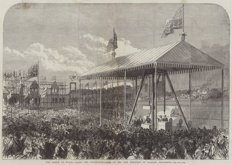 Prinsen av Wales legger grunnsteinen til de nye bygningene ved Glasgow University av Sir John Charles Robinson
