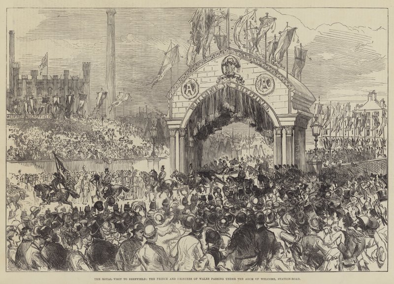Det kongelige besøket til Sheffield, Prince og Princess of Wales passerer under Arch of Welcome, Station-Road av Sir John Charles Robinson