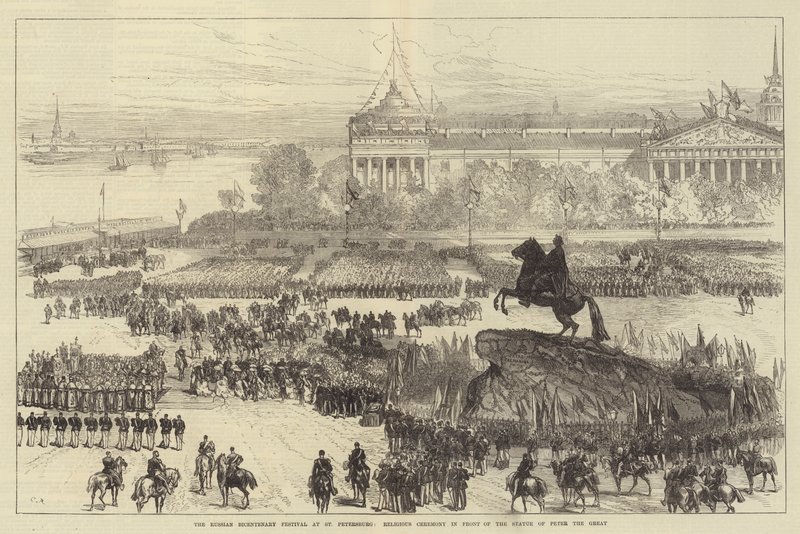 Den russiske tohundreårsfestivalen i St. Petersburg, religiøs seremoni foran statuen av Peter den store av Sir John Charles Robinson