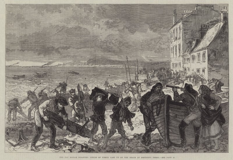 Tay Bridge-katastrofen, vrakstykker kastet opp på stranden ved Broughty Ferry av Sir John Charles Robinson