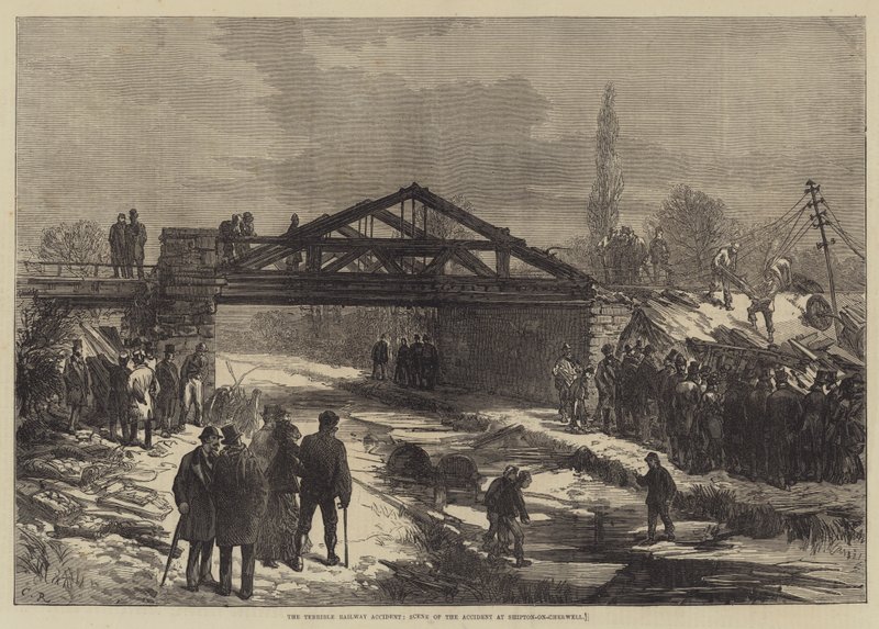 Den forferdelige jernbaneulykken, scenen for ulykken ved Shipton-on-Cherwell av Sir John Charles Robinson