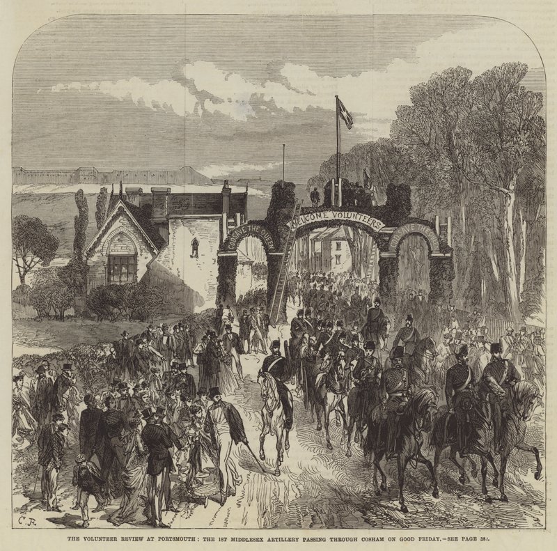 Frivilliganmeldelsen i Portsmouth, det første Middlesex-artilleriet som passerte Cosham på langfredag av Sir John Charles Robinson