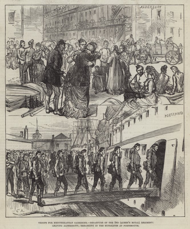 Tropper for middelhavsgarnisoner, avgang fra 2. (dronningens kongelige) regiment, forlater Aldershott; ombordstigning i Eufrat ved Portsmouth av Sir John Charles Robinson