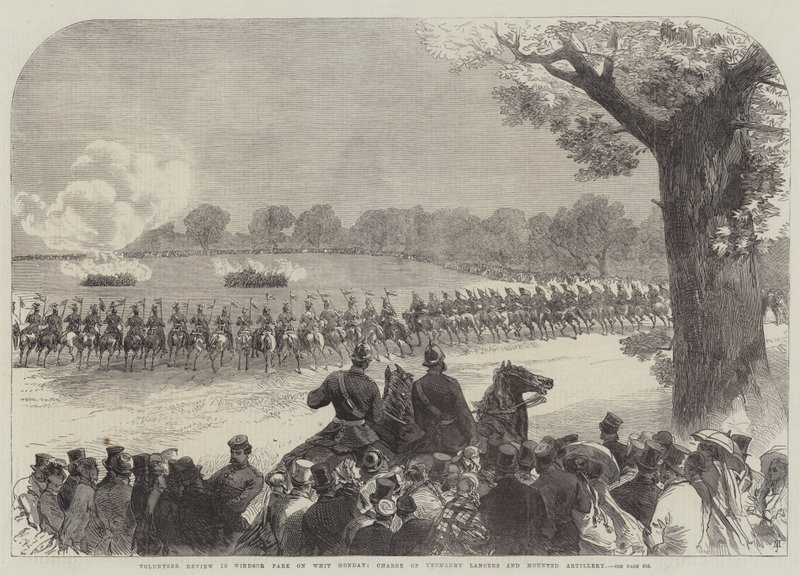 Frivillig gjennomgang i Windsor Park på pinsedag, siktet for Yeomanry Lancers og Mounted Artillery av Sir John Charles Robinson