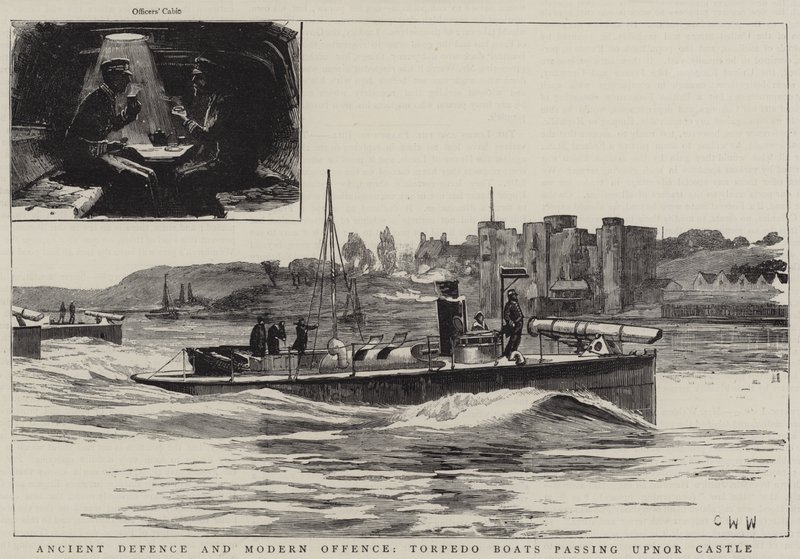 Gamle forsvar og moderne lovbrudd, torpedobåter som passerer Upnor Castle av Charles William Wyllie