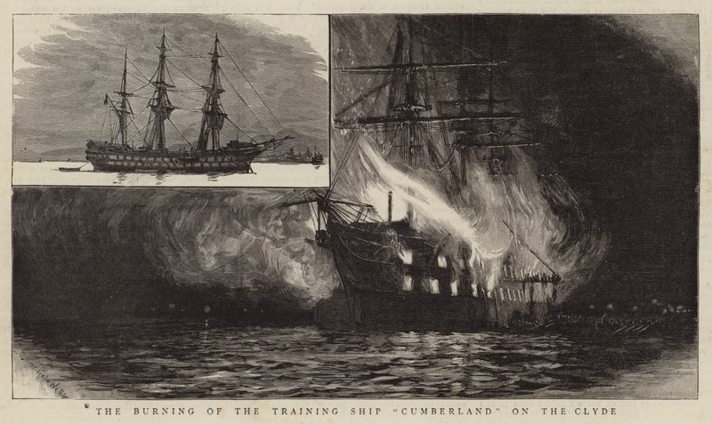 Brenningen av treningsskipet Cumberland på Clyde av Charles William Wyllie