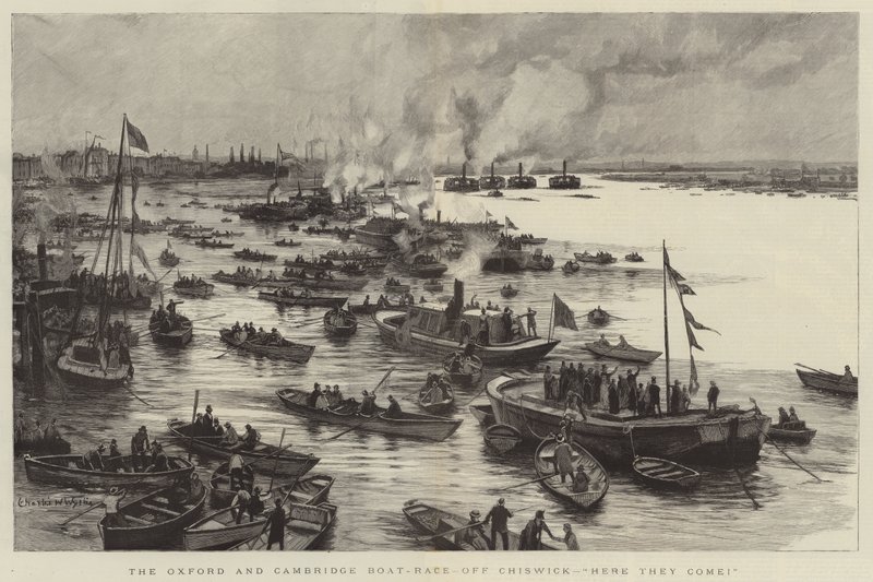 Oxford og Cambridge Boat-Race, utenfor Chiswick, her kommer de! av Charles William Wyllie