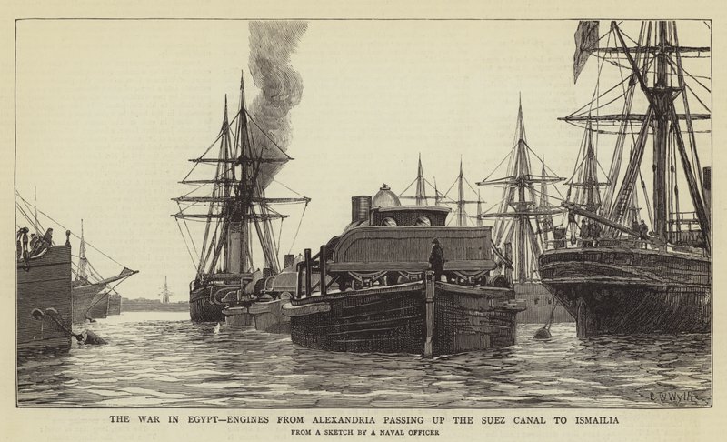 Krigen i Egypt, motorer fra Alexandria som passerer Suez-kanalen til Ismailia av Charles William Wyllie