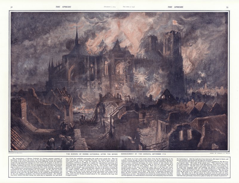 Brenningen av Reims katedral etter tyskernes alvorlige bombardement, 17.–24. september 1914 av Charles William Wyllie