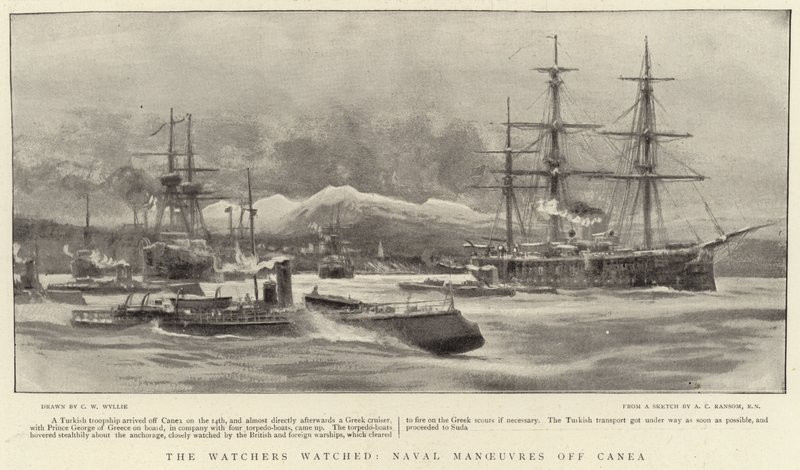 Overvåkeren så på, Naval Maneuvers off Canea av Charles William Wyllie
