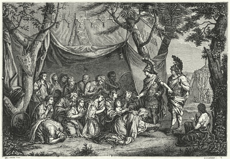 Dronningene av Persia ved føttene til Alexander (gravering) av Charles (after) Le Brun