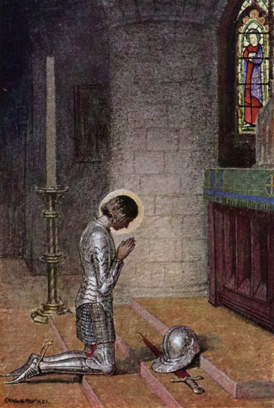 Jeanne d'Arc: Før alteret (farge litho) av Charles A. Buchel