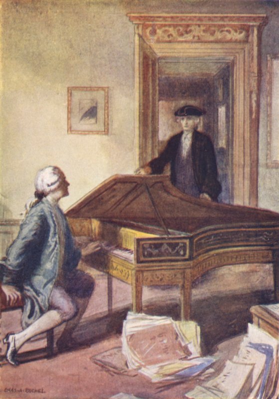 Mozart og den mystiske fremmede (farge litho) av Charles A. Buchel