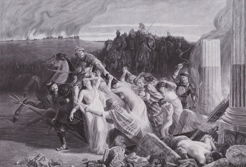 Gallere bortført av hunnerne (litho) av Charles Alexandre Coessin de la Fosse