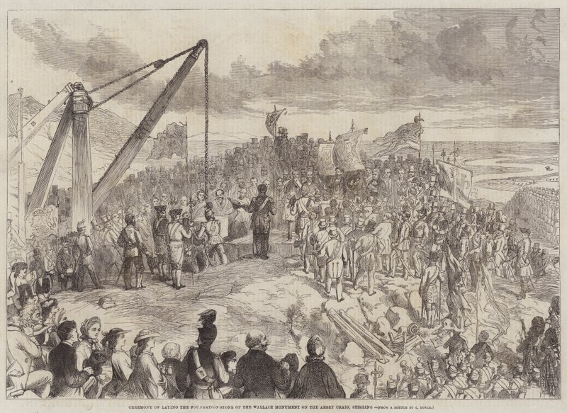 Seremoni for nedlegging av grunnsteinen til Wallace-monumentet på Abbey Craig, Stirling av Charles Altamont Doyle