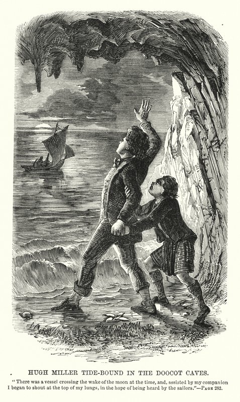 Hugh Miller tidevannsbundet i Doocot-hulene (gravering) av Charles Altamont Doyle