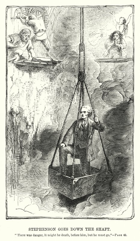 Stephenson går nedover skaftet (gravering) av Charles Altamont Doyle
