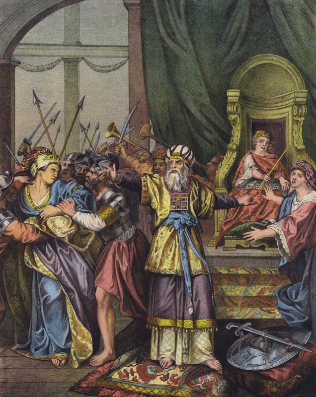 Dronning Athalia av Juda jaget fra tempelet og erstattet som hersker av Joash (farge litho) av Charles Antoine (after) Coypel