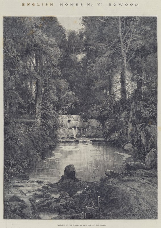 English Homes, Bowood, Cascade in the Park, ved enden av innsjøen av Charles Auguste Loye