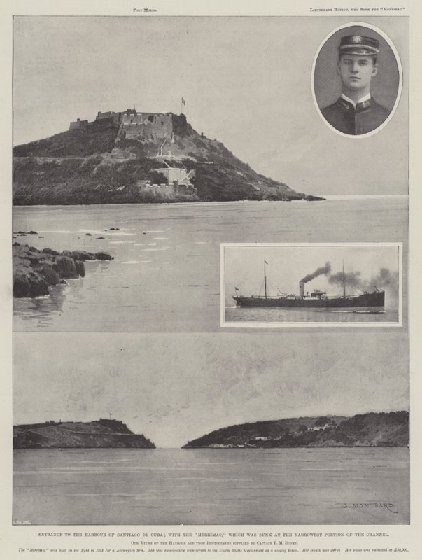 Inngang til havnen i Santiago de Cuba; med Merrimac som ble senket ved den smaleste delen av kanalen av Charles Auguste Loye