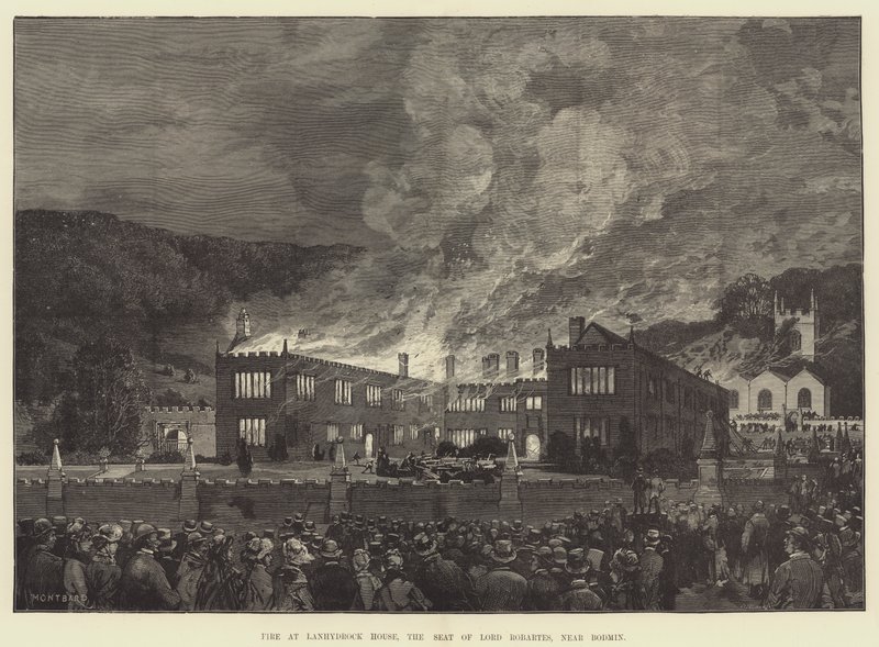 Brann ved Lanhydrock House, setet til Lord Robartes, nær Bodmin av Charles Auguste Loye