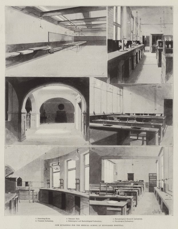 Nye bygninger for medisinsk skole ved Middlesex Hospital av Charles Auguste Loye
