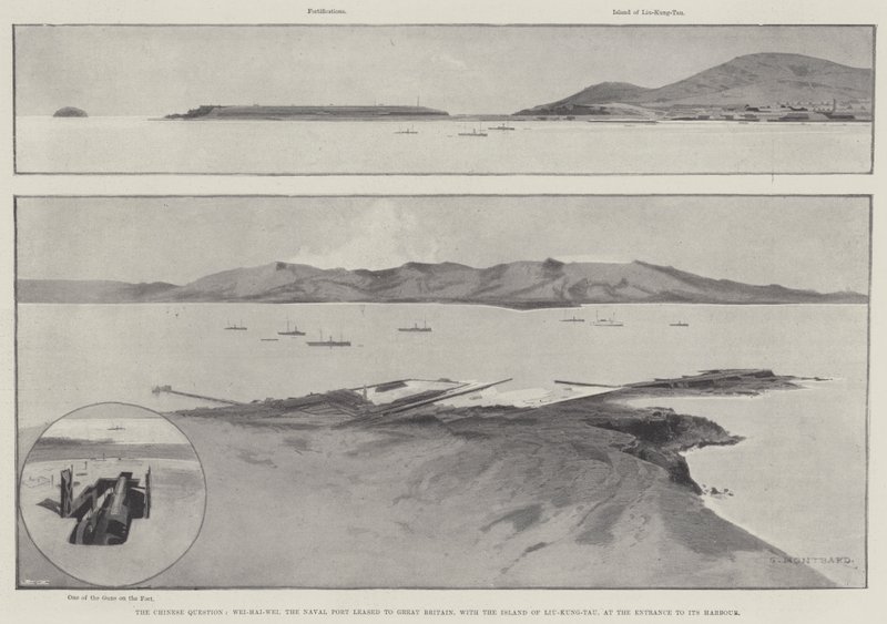 Det kinesiske spørsmålet, Wei-Hai-Wei, marinehavnen leid ut til Storbritannia med øya Liu-Kung-Tau, ved inngangen til havnen. av Charles Auguste Loye