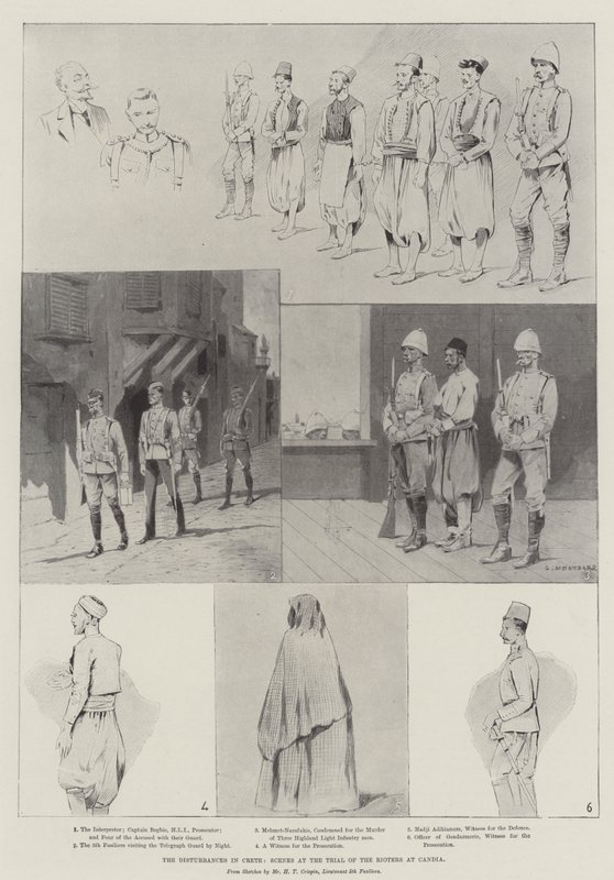Forstyrrelsene på Kreta, scener ved rettssaken mot opprørerne i Candia av Charles Auguste Loye