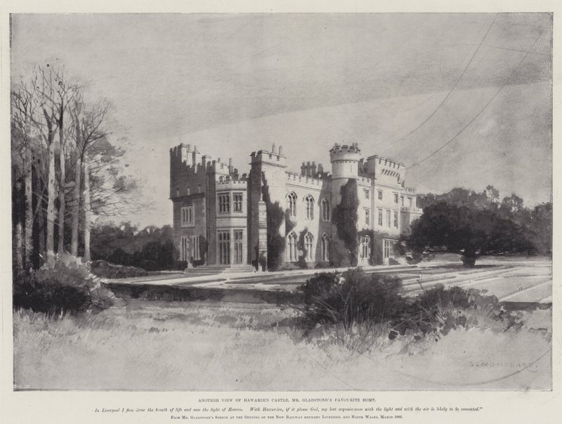 The Life of William Ewart Gladstone, en annen utsikt over Hawarden Castle, Mr Gladstones favoritthjem av Charles Auguste Loye