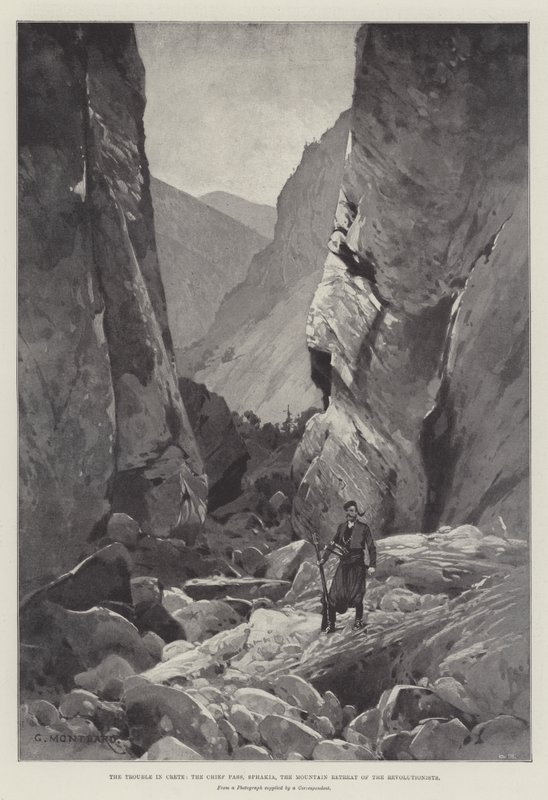 Problemet på Kreta, Chief Pass, Sphakia, revolusjonistenes fjellretrett av Charles Auguste Loye