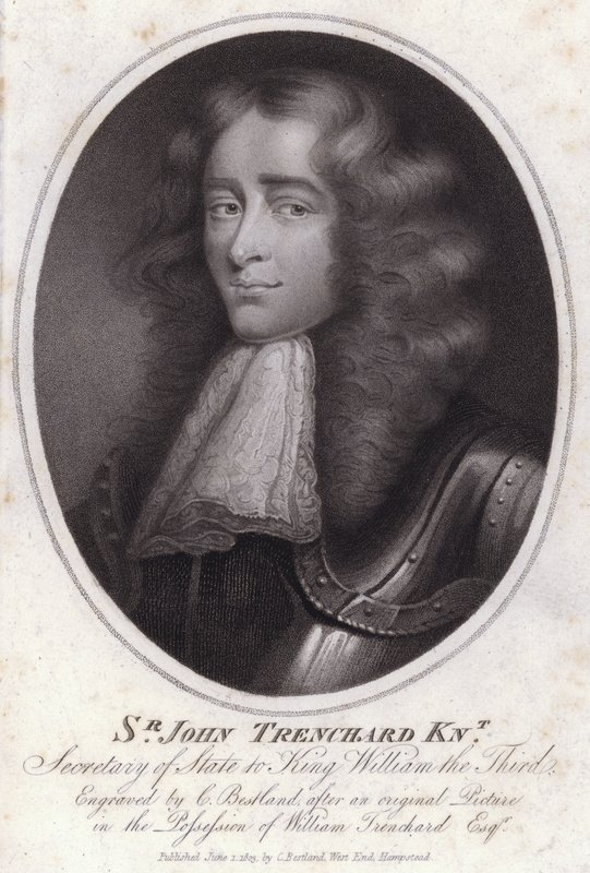 Sir John Trenchard , engelsk politiker og utenriksminister for det nordlige departementet under kong William III (gravering) av Charles Bestland
