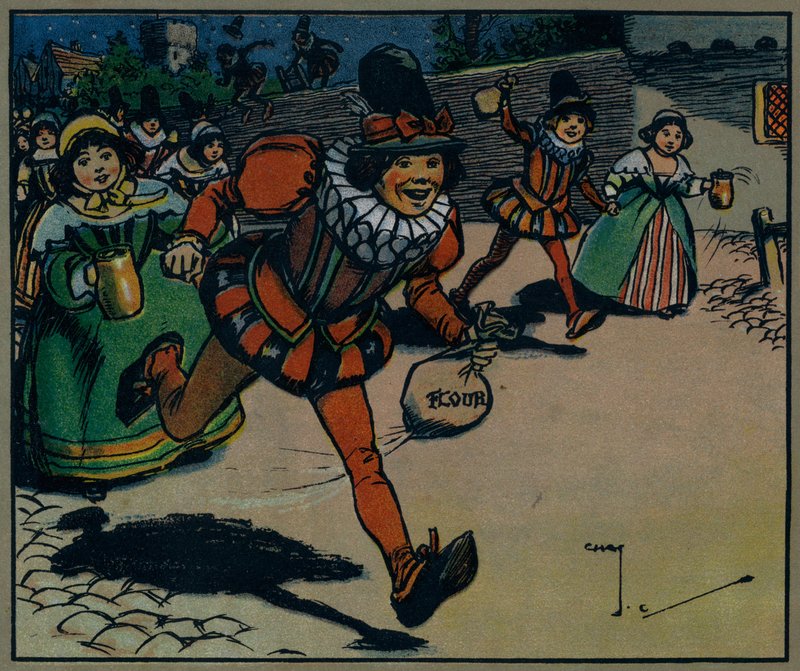 Jenter og gutter kommer ut for å leke (farge litho) av Charles Crombie