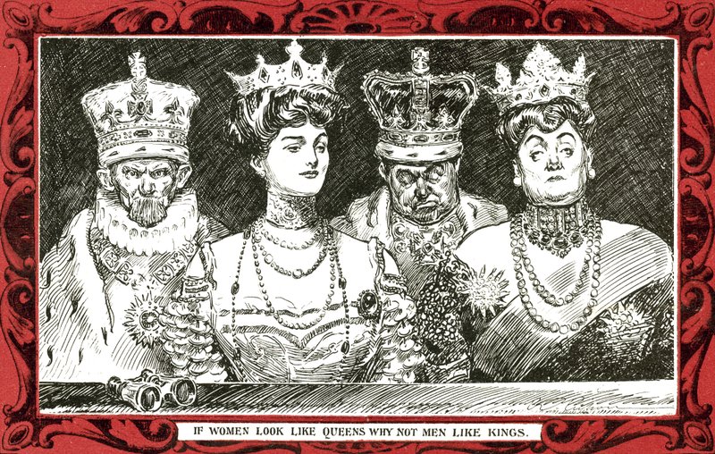 Hvis kvinner ser ut som dronninger, hvorfor ikke menn liker konger (farge litho) av Charles Dana Gibson