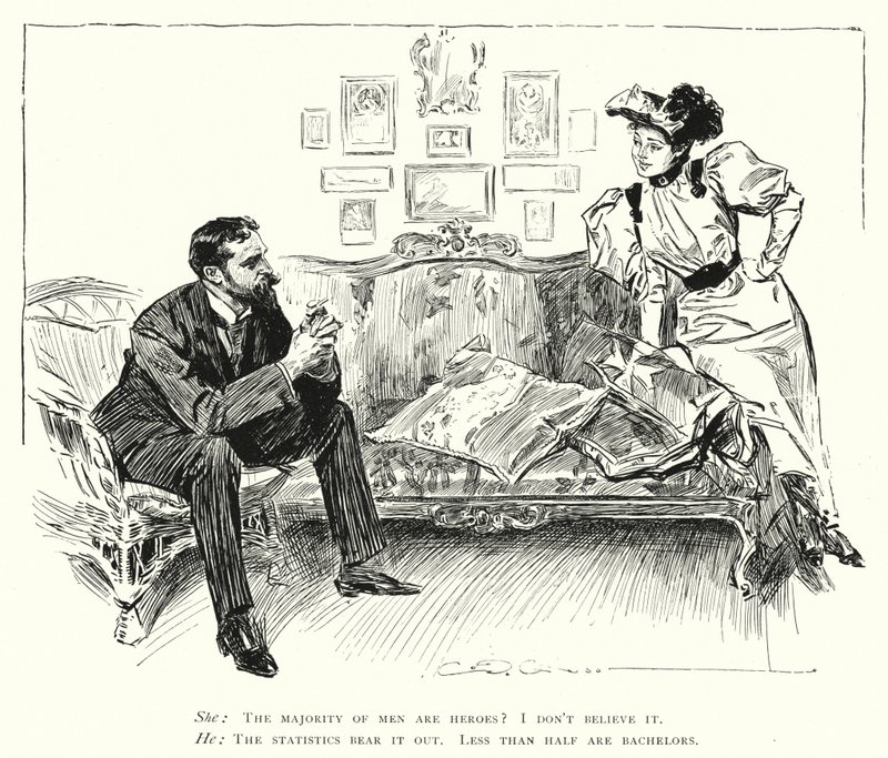 Menn er helter - mindre enn halvparten er ungkarer (litho) av Charles Dana Gibson