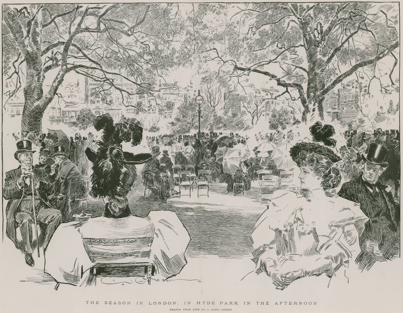 Sesongen i Hyde Park, London, på ettermiddagen (gravering) av Charles Dana Gibson