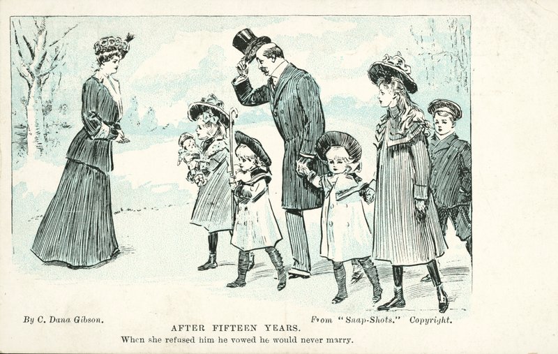 Kvinne som møter mannen hun nektet i ekteskapet som sverget at han aldri ville gifte seg (farge litho) av Charles Dana Gibson