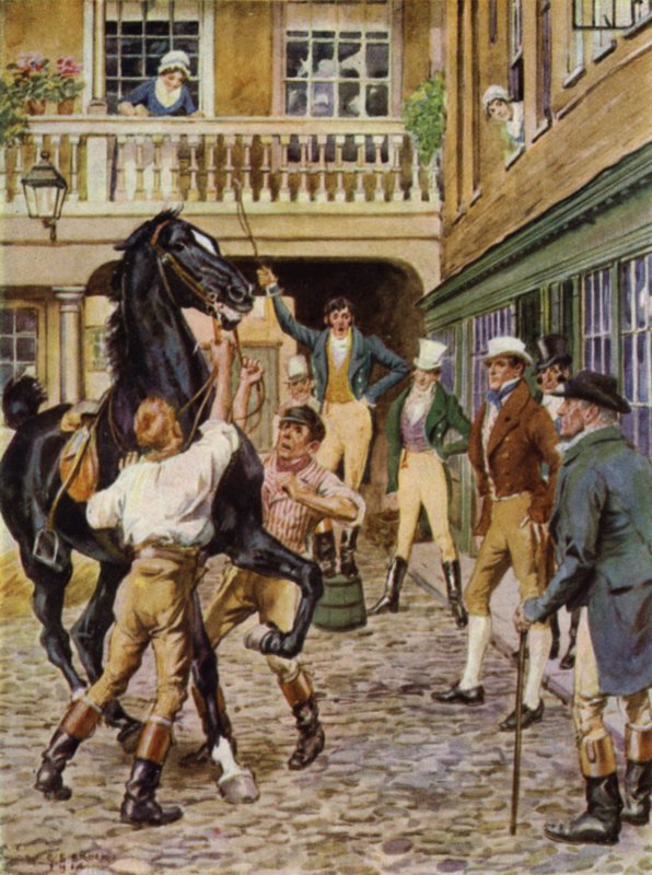 Illustrasjon for The Amateur Gentleman av Jeffery Farnol (litho-farge) av Charles Edmund (after) Brock