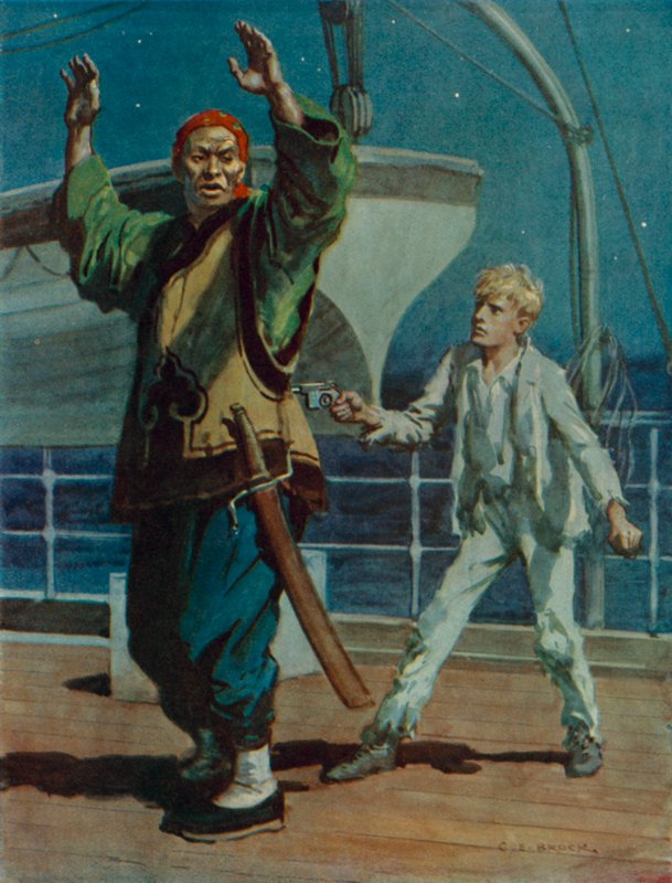 Gutt som holder en kinesisk pirat under våpen, scene fra Hai Ping the Pirate (farge litho) av Charles Edmund Brock