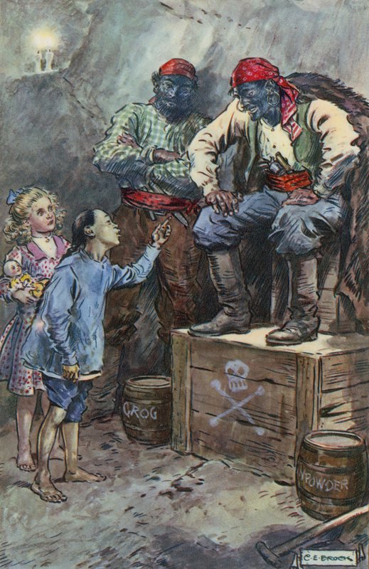 Illustrasjon for Queen of the Pirate Isle av Bret Harte av Charles Edmund Brock