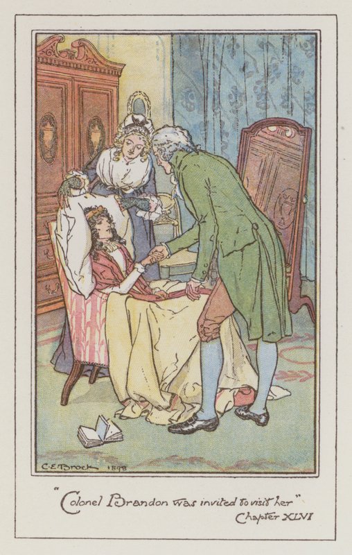 Illustrasjon for Sense and Sensibility av Jane Austen (farge litho) av Charles Edmund Brock