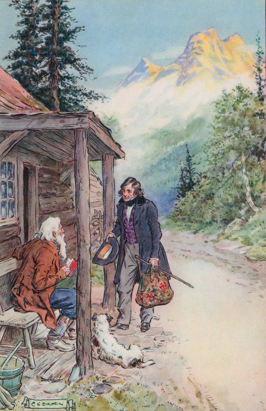 Illustrasjon for The Great Stone Face av Nathaniel Hawthorne av Charles Edmund Brock